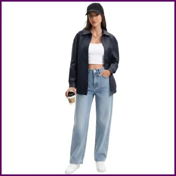 Oversized Faux Leather Motorcycle Jacket, Loose Fit Zip Up